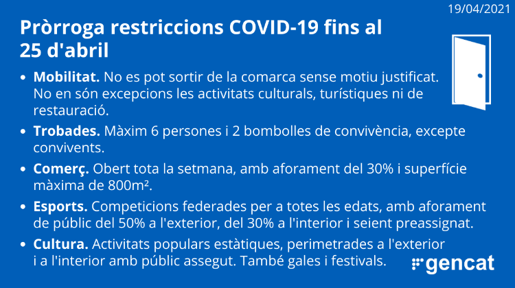 Prorroga restriccions fins al 26 d'abril