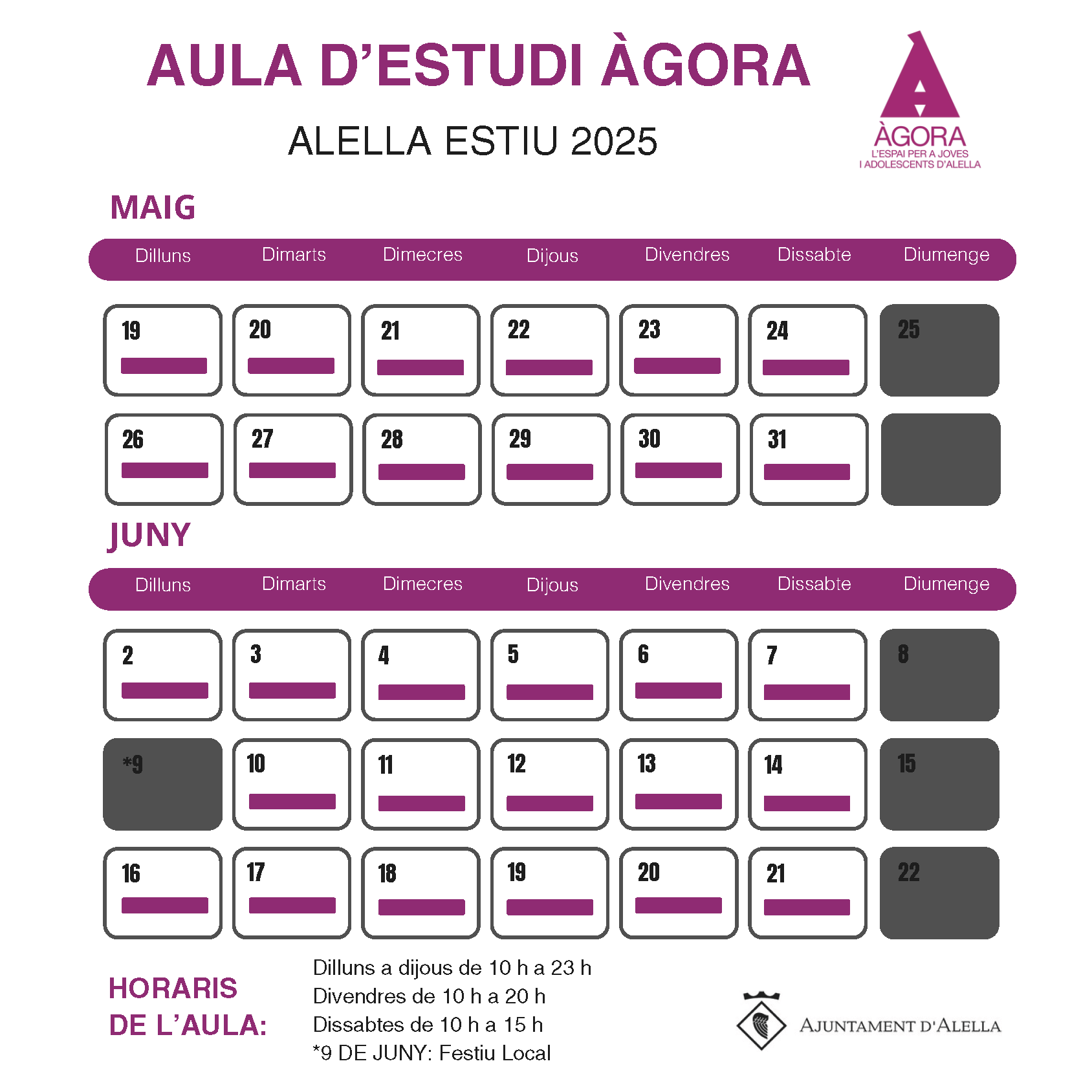 L'Àgora obre la sala d'estudi del 19 de maig al 21 de juny de 2025
